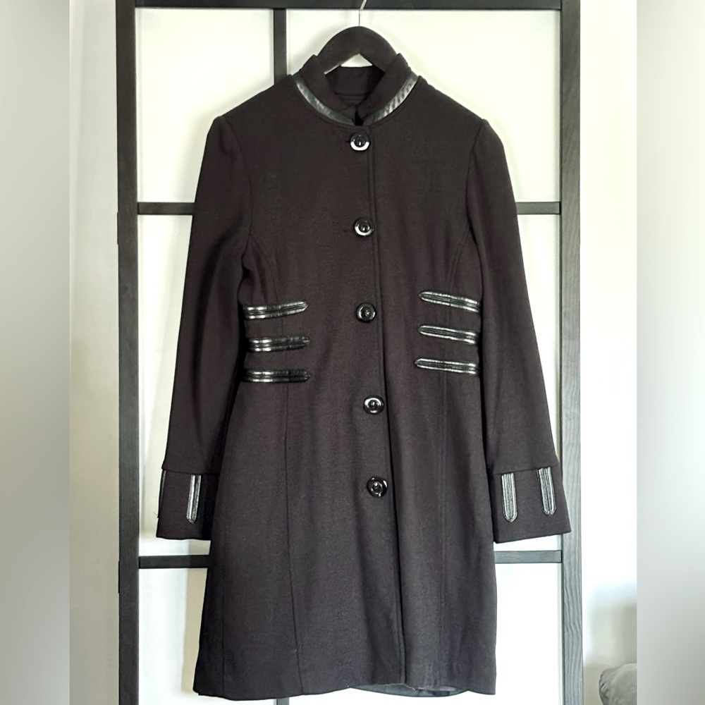 Vintage Black Button-up Gothic Trench Coat with Leather Look Accents